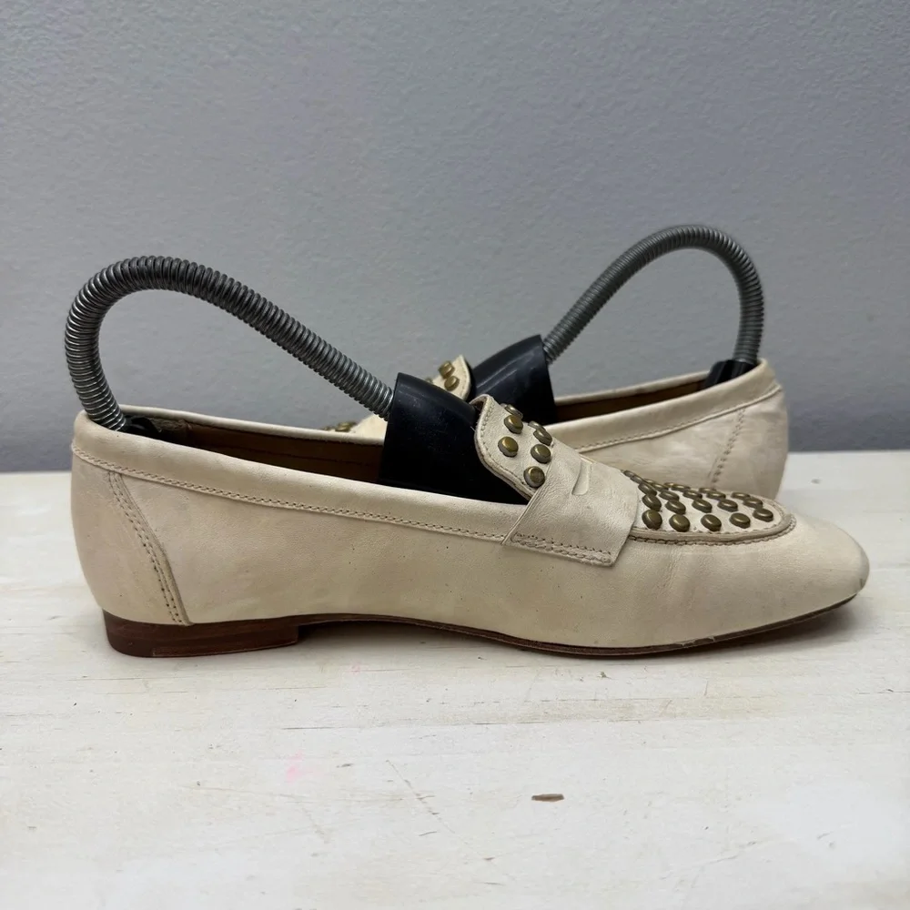 Calleen Cordero White Leather Gold Studded Penny Loafers Size 6